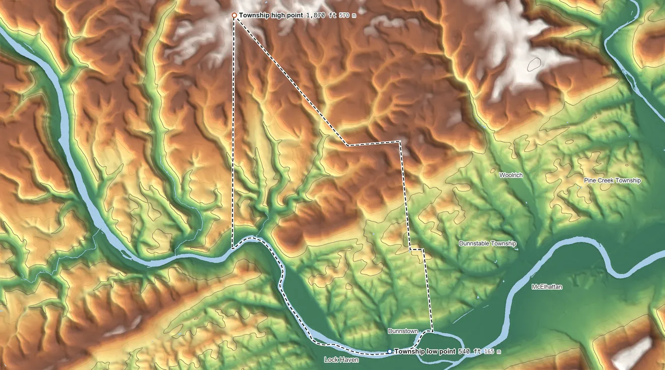 Topographic elevation map of Woodward Township, Clinton County, Pennsylvania, shaded from 540 ft on the south side to 1,870 ft on the northwest side
