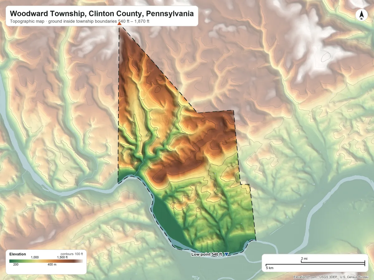 Topographic elevation map of Woodward Township, Clinton County, Pennsylvania, shaded from 540 ft on the south side to 1,870 ft on the northwest side