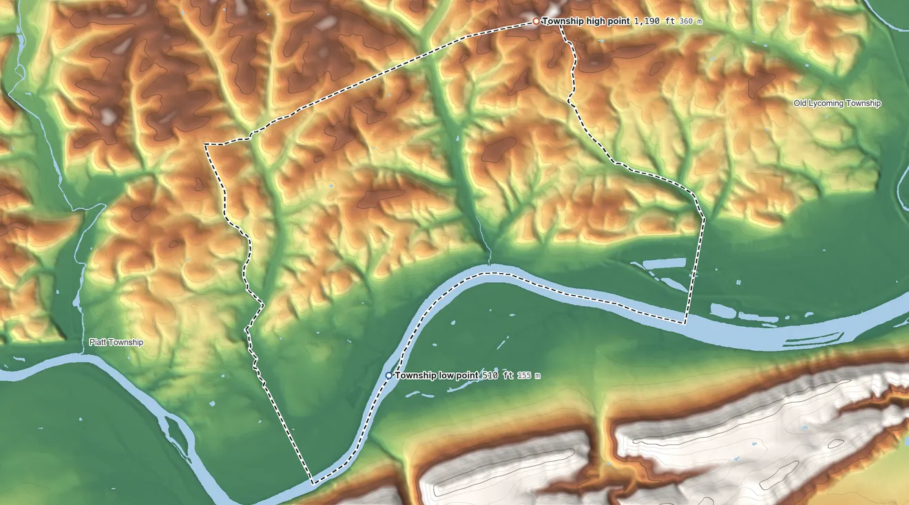 Topographic elevation map of Woodward Township, Lycoming County, Pennsylvania, shaded from 510 ft on the south side to 1,190 ft on the northeast side