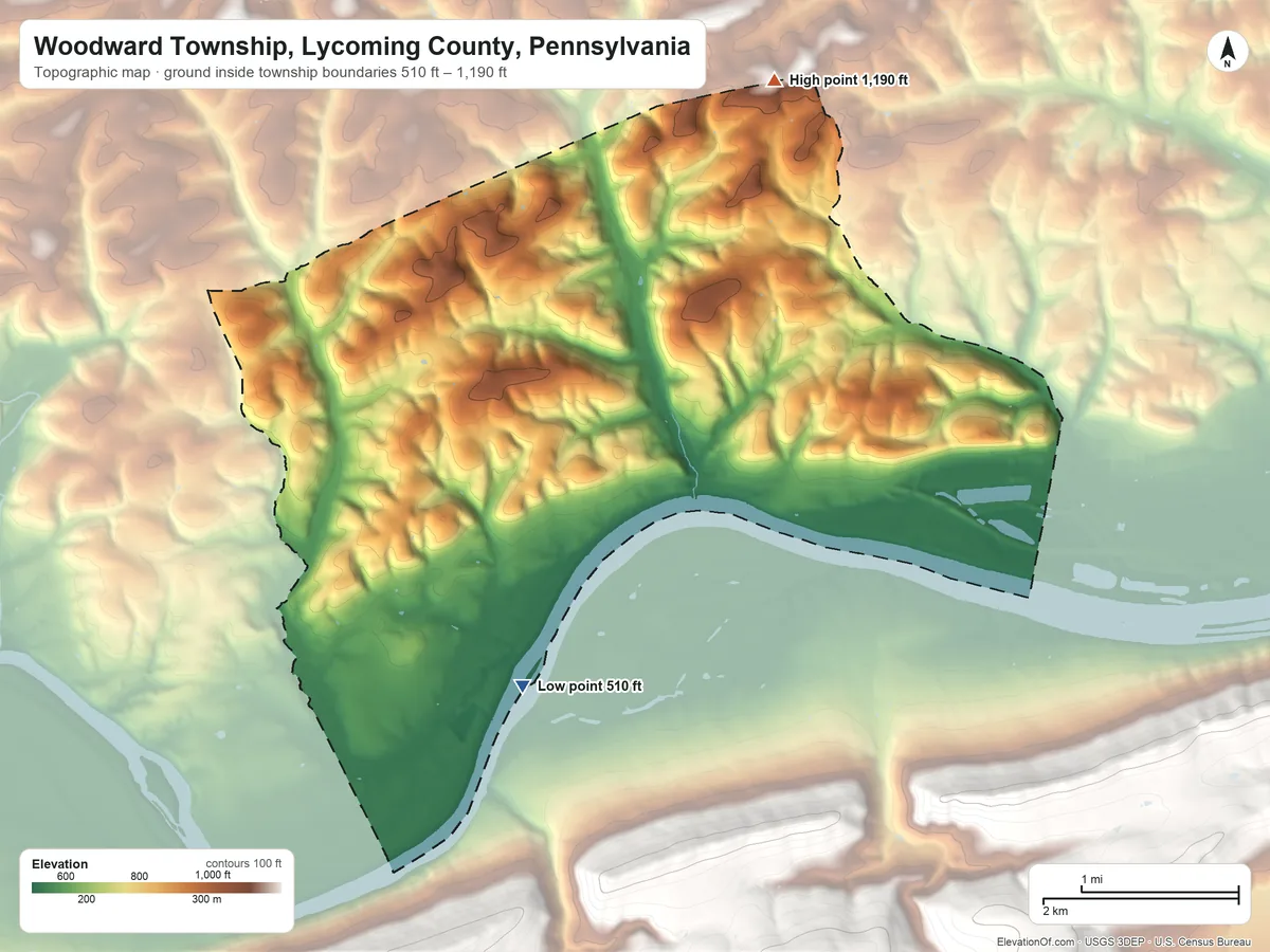 Topographic elevation map of Woodward Township, Lycoming County, Pennsylvania, shaded from 510 ft on the south side to 1,190 ft on the northeast side