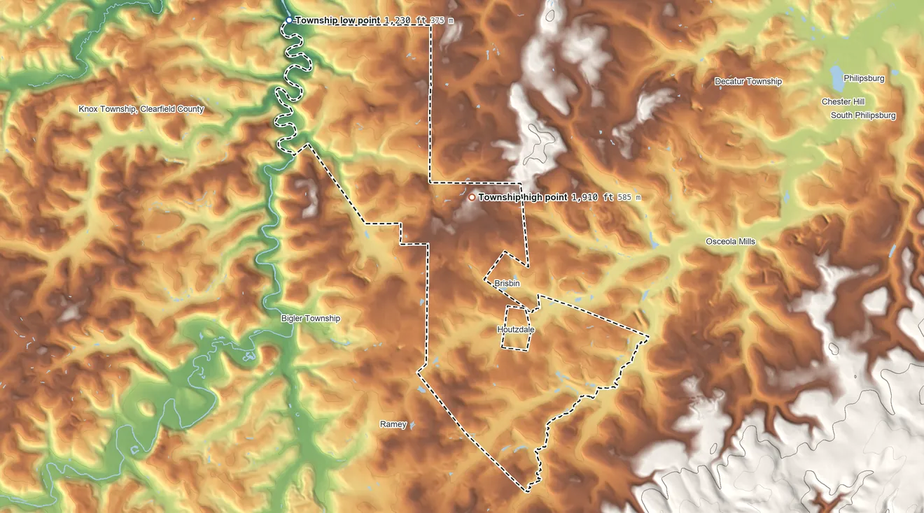 Topographic elevation map of Woodward Township, Pennsylvania, shaded from 1,230 ft on the northwest side to 1,910 ft on the north side