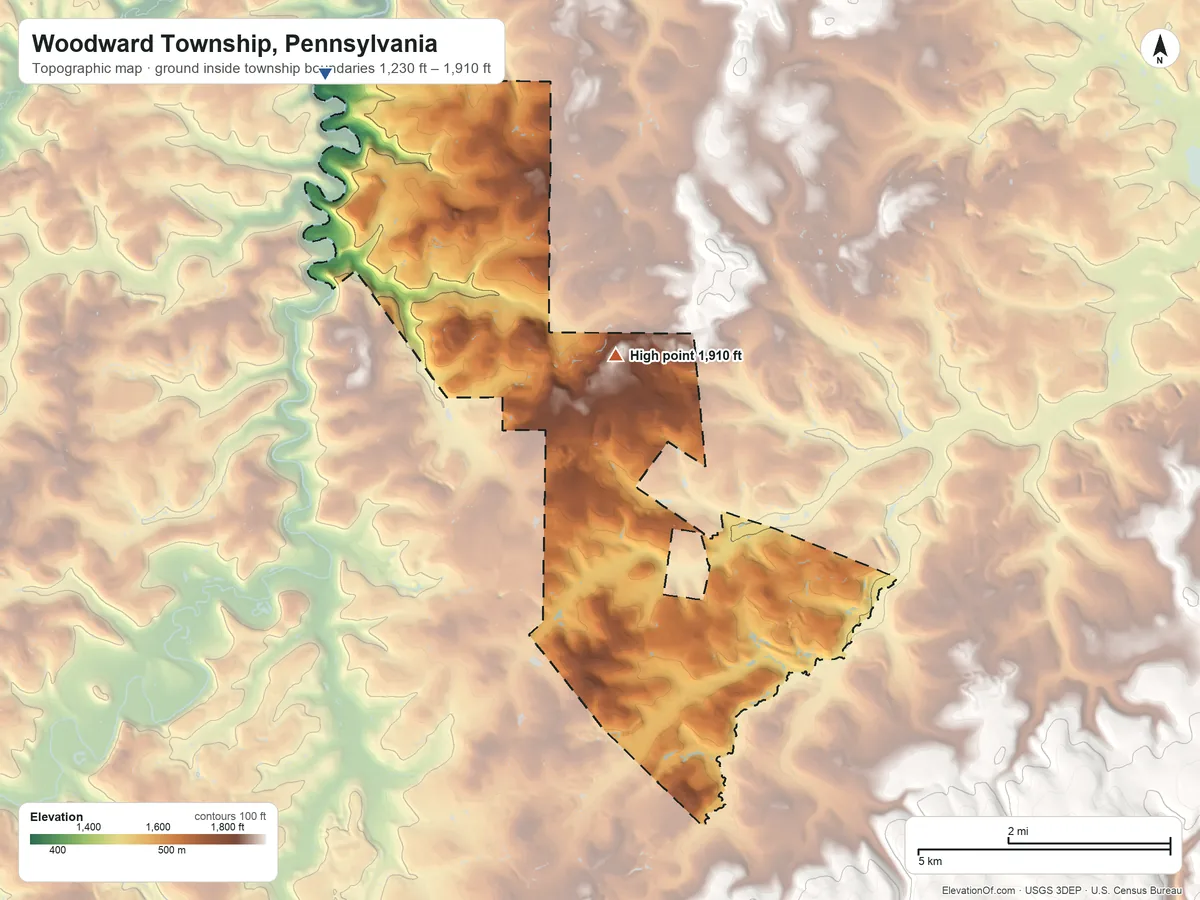 Topographic elevation map of Woodward Township, Pennsylvania, shaded from 1,230 ft on the northwest side to 1,910 ft on the north side