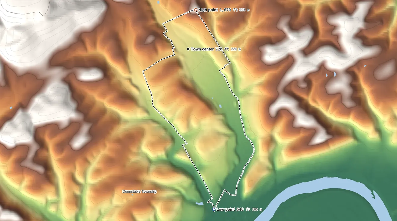 Topographic elevation map of Woolrich, Pennsylvania, shaded from 540 ft on the south side to 1,070 ft on the north edge, below higher ground just outside