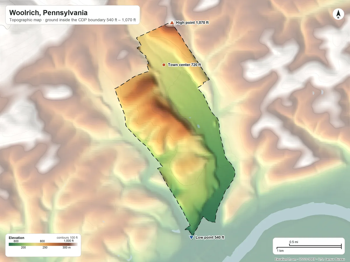 Topographic elevation map of Woolrich, Pennsylvania, shaded from 540 ft on the south side to 1,070 ft on the north edge, below higher ground just outside