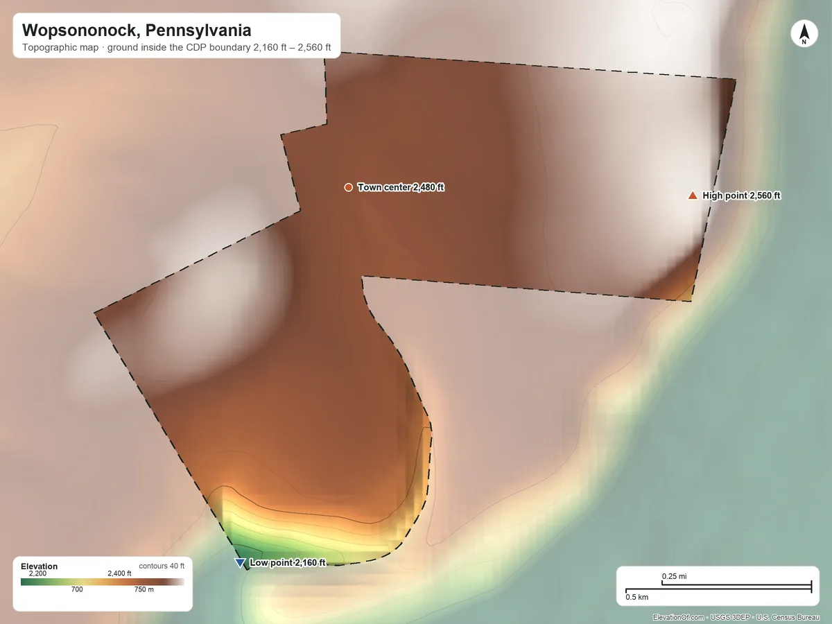 Topographic elevation map of Wopsononock, Pennsylvania, shaded from 2,160 ft on the south side to 2,560 ft on the east side