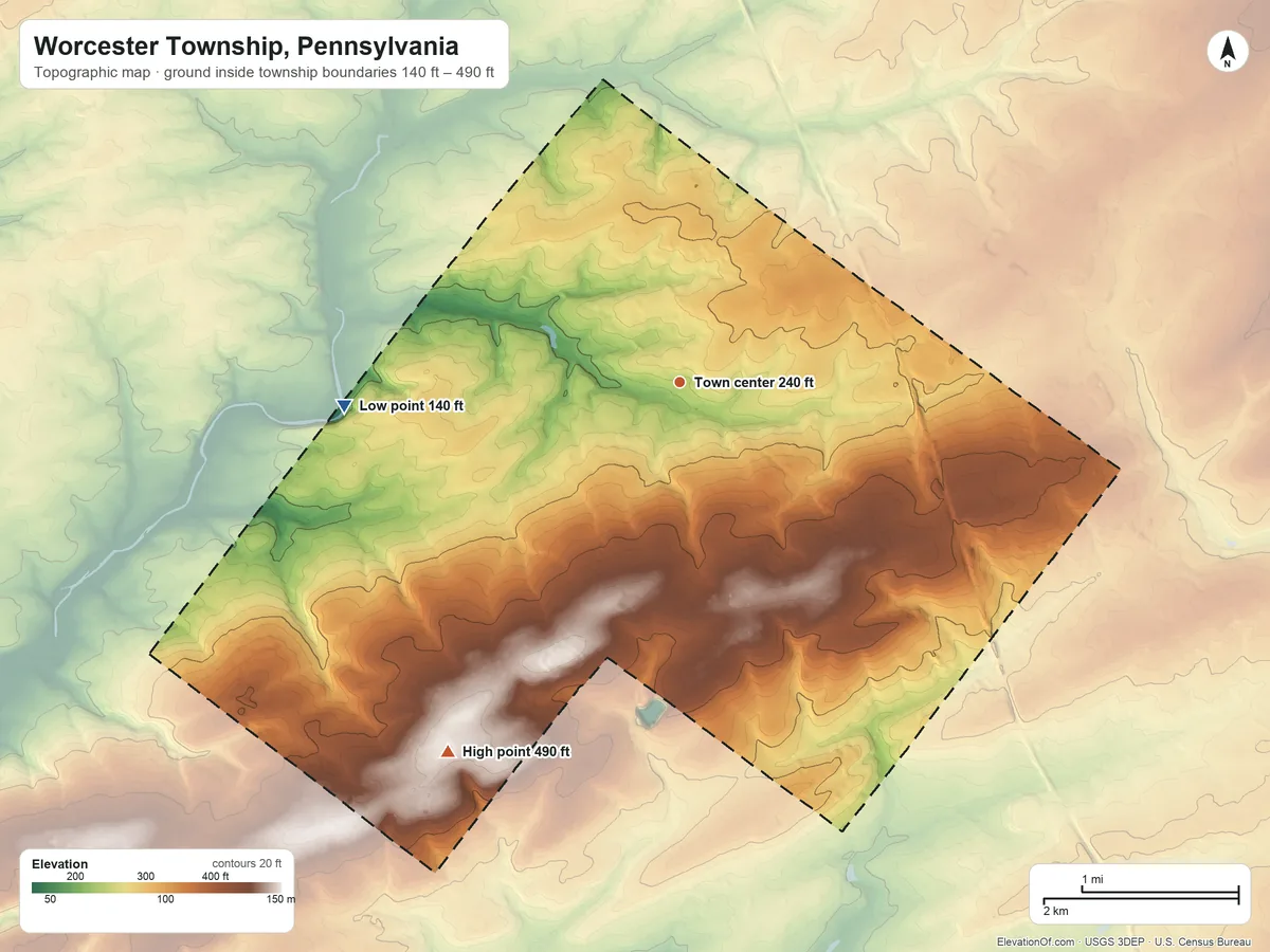 Topographic elevation map of Worcester Township, Pennsylvania, shaded from 140 ft on the west side to 490 ft on the southwest side