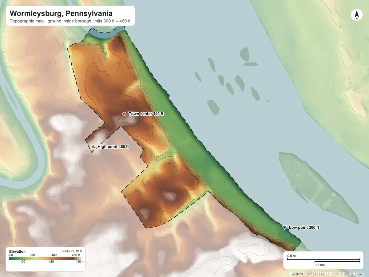 Topographic elevation map of Wormleysburg, Pennsylvania, shaded from 300 ft on the southeast side to 460 ft on the southwest side