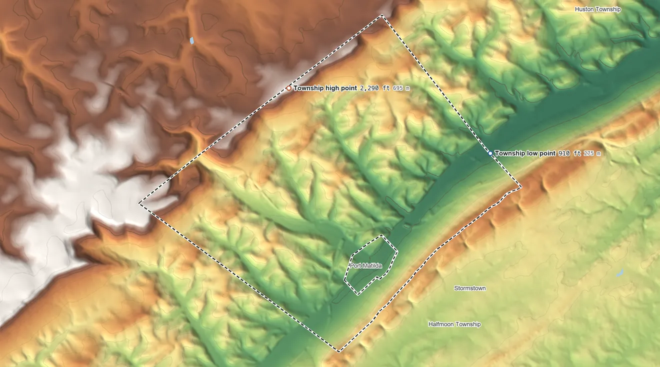 Topographic elevation map of Worth Township, Centre County, Pennsylvania, shaded from 910 ft on the east side to 2,290 ft on the northwest side