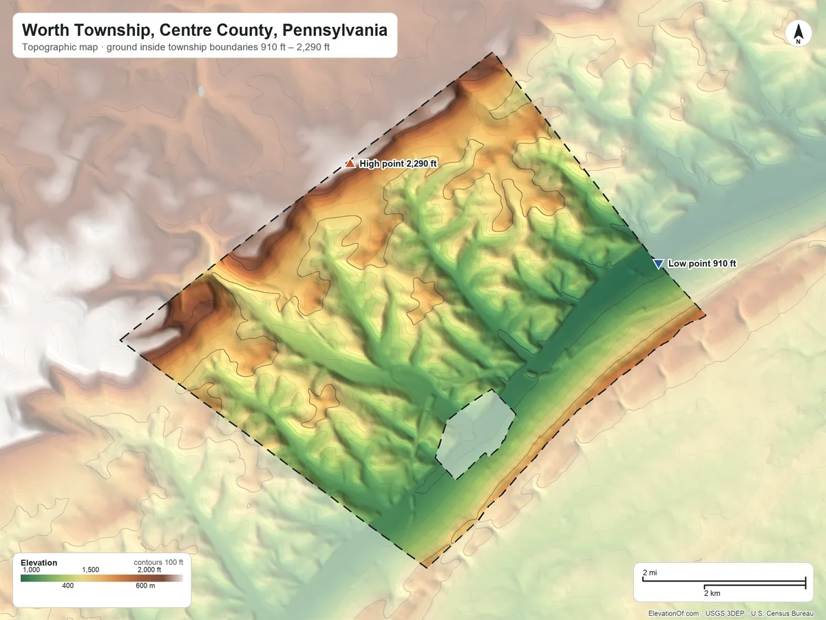 Topographic elevation map of Worth Township, Centre County, Pennsylvania, shaded from 910 ft on the east side to 2,290 ft on the northwest side