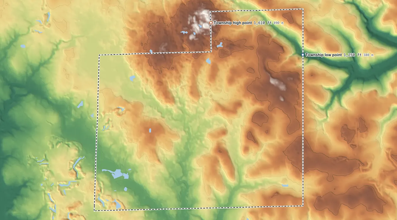 Topographic elevation map of Worth Township, Mercer County, Pennsylvania, shaded from 1,250 ft on the northeast side to 1,610 ft on the north side