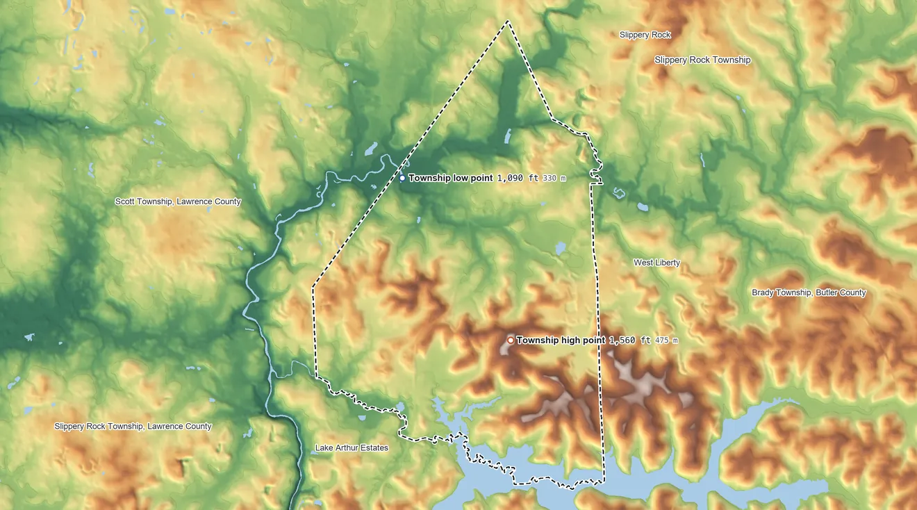 Topographic elevation map of Worth Township, Pennsylvania, shaded from 1,090 ft on the west side to 1,560 ft on the south side