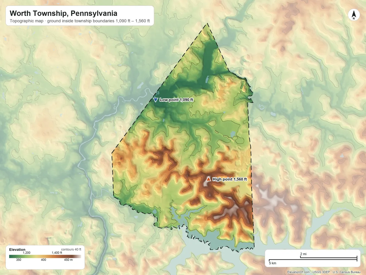 Topographic elevation map of Worth Township, Pennsylvania, shaded from 1,090 ft on the west side to 1,560 ft on the south side