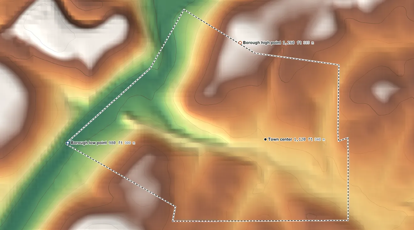 Topographic elevation map of Worthington, Pennsylvania, shaded from 980 ft on the west side to 1,260 ft on the north side