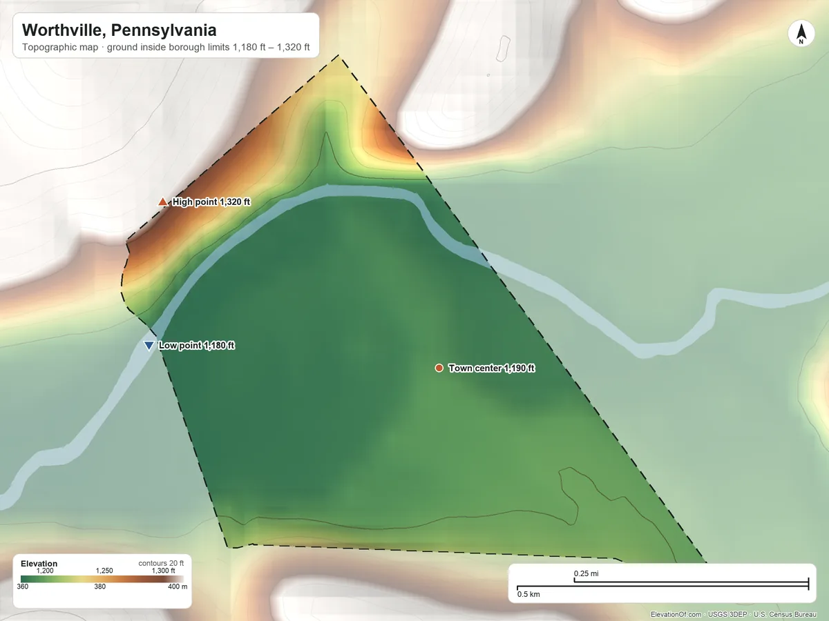 Topographic elevation map of Worthville, Pennsylvania, shaded from 1,180 ft on the west side to 1,320 ft on the northwest edge, below higher ground just outside
