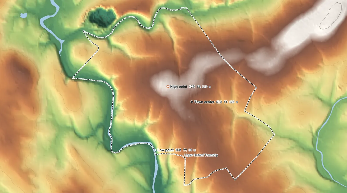 Topographic elevation map of Woxall, Pennsylvania, shaded from 160 ft on the southwest side to 470 ft on the northwest side