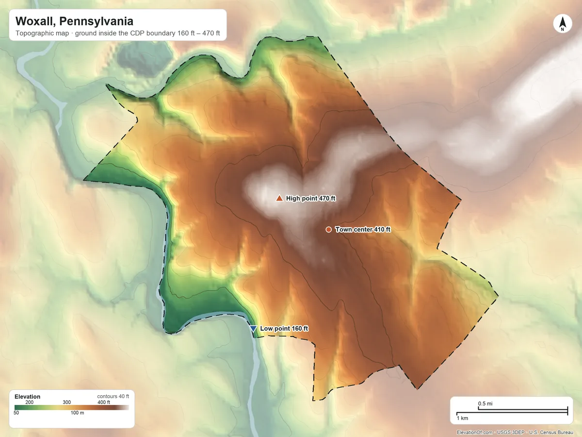 Topographic elevation map of Woxall, Pennsylvania, shaded from 160 ft on the southwest side to 470 ft on the northwest side