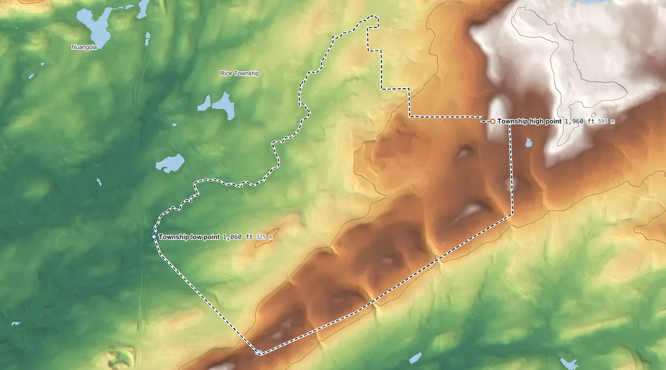 Topographic elevation map of Wright Township, Pennsylvania, shaded from 1,060 ft on the west side to 1,960 ft on the east side