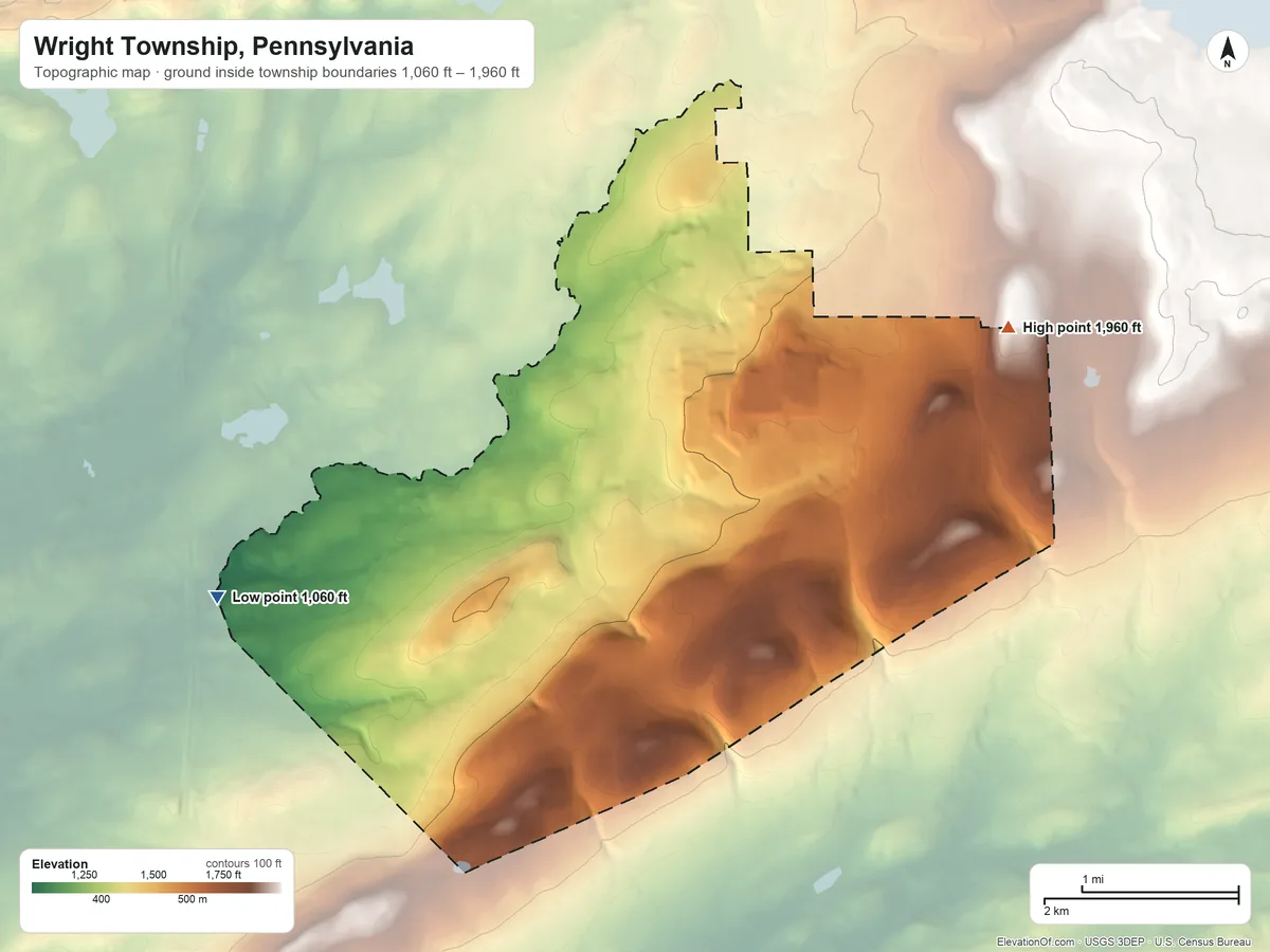 Topographic elevation map of Wright Township, Pennsylvania, shaded from 1,060 ft on the west side to 1,960 ft on the east side