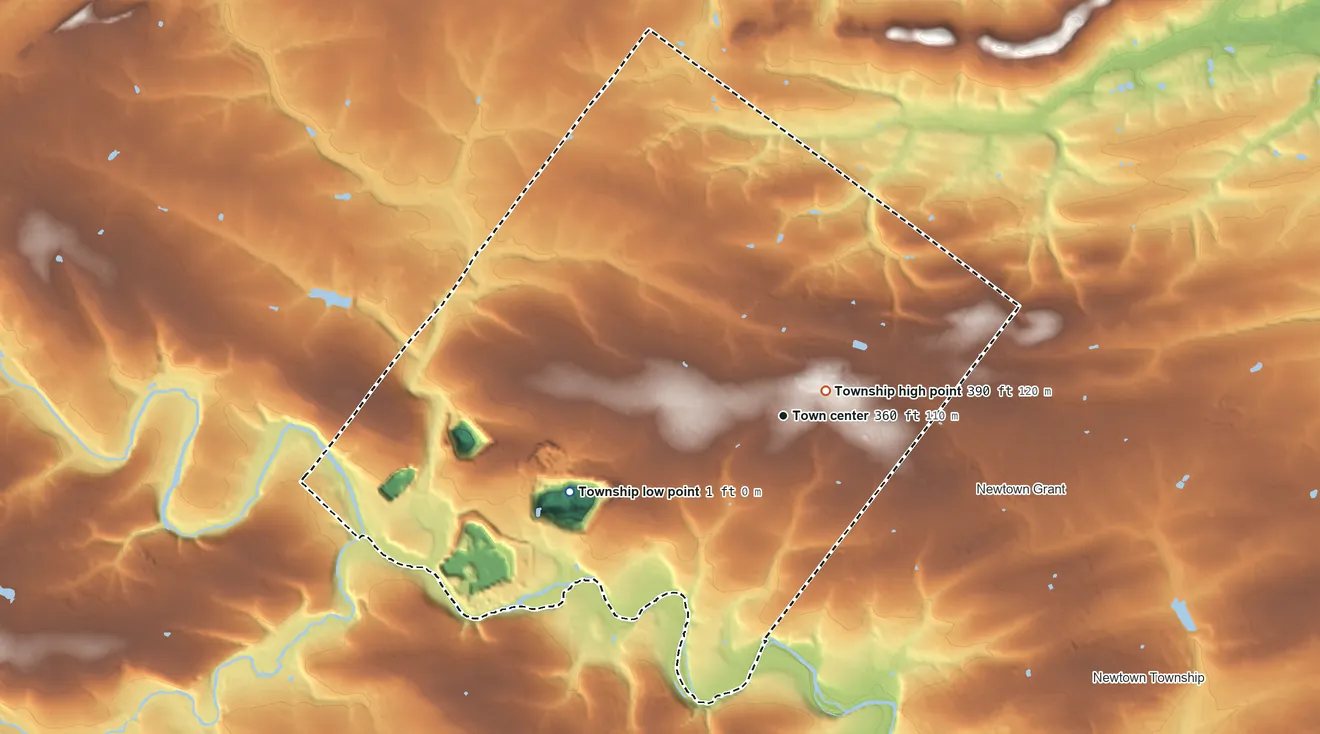 Topographic elevation map of Wrightstown Township, Pennsylvania, shaded from 1 ft on the west side to 390 ft near the middle