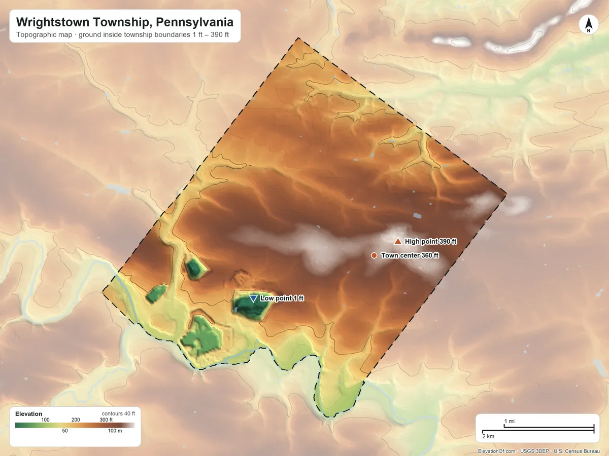 Topographic elevation map of Wrightstown Township, Pennsylvania, shaded from 1 ft on the west side to 390 ft near the middle