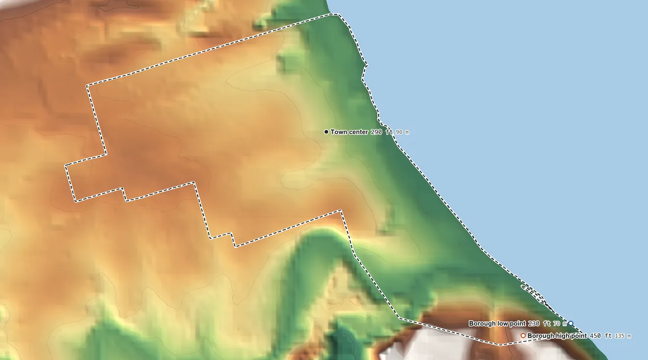 Topographic elevation map of Wrightsville, Pennsylvania, shaded from 230 ft on the southeast side to 450 ft at the foot of the Manor Hills