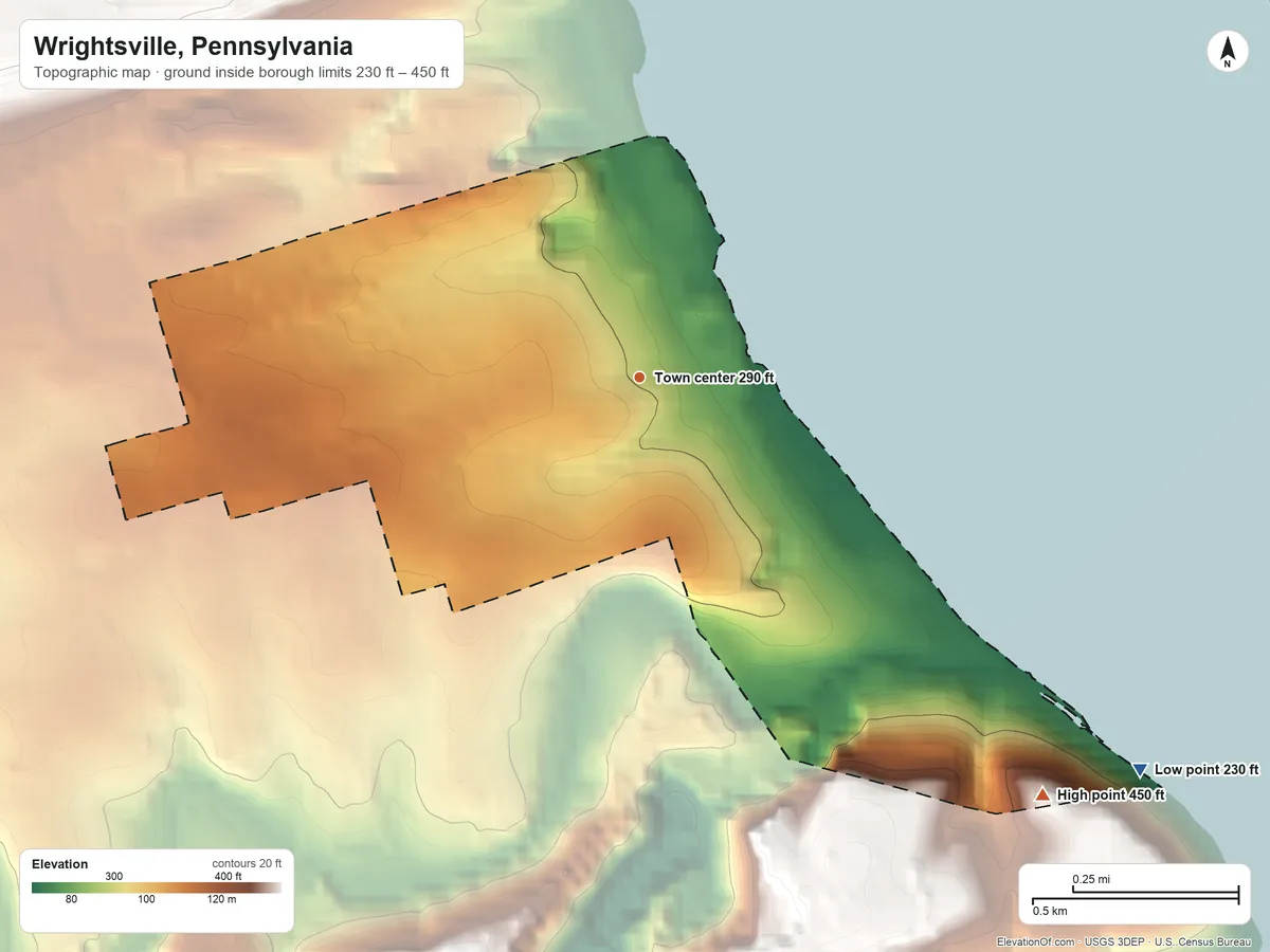 Topographic elevation map of Wrightsville, Pennsylvania, shaded from 230 ft on the southeast side to 450 ft at the foot of the Manor Hills