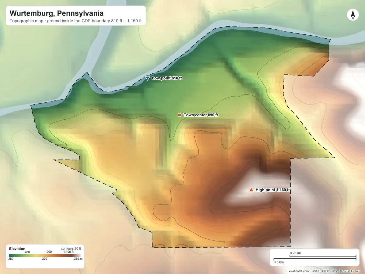 Topographic elevation map of Wurtemburg, Pennsylvania, shaded from 810 ft on the northwest side to 1,160 ft on the southeast side