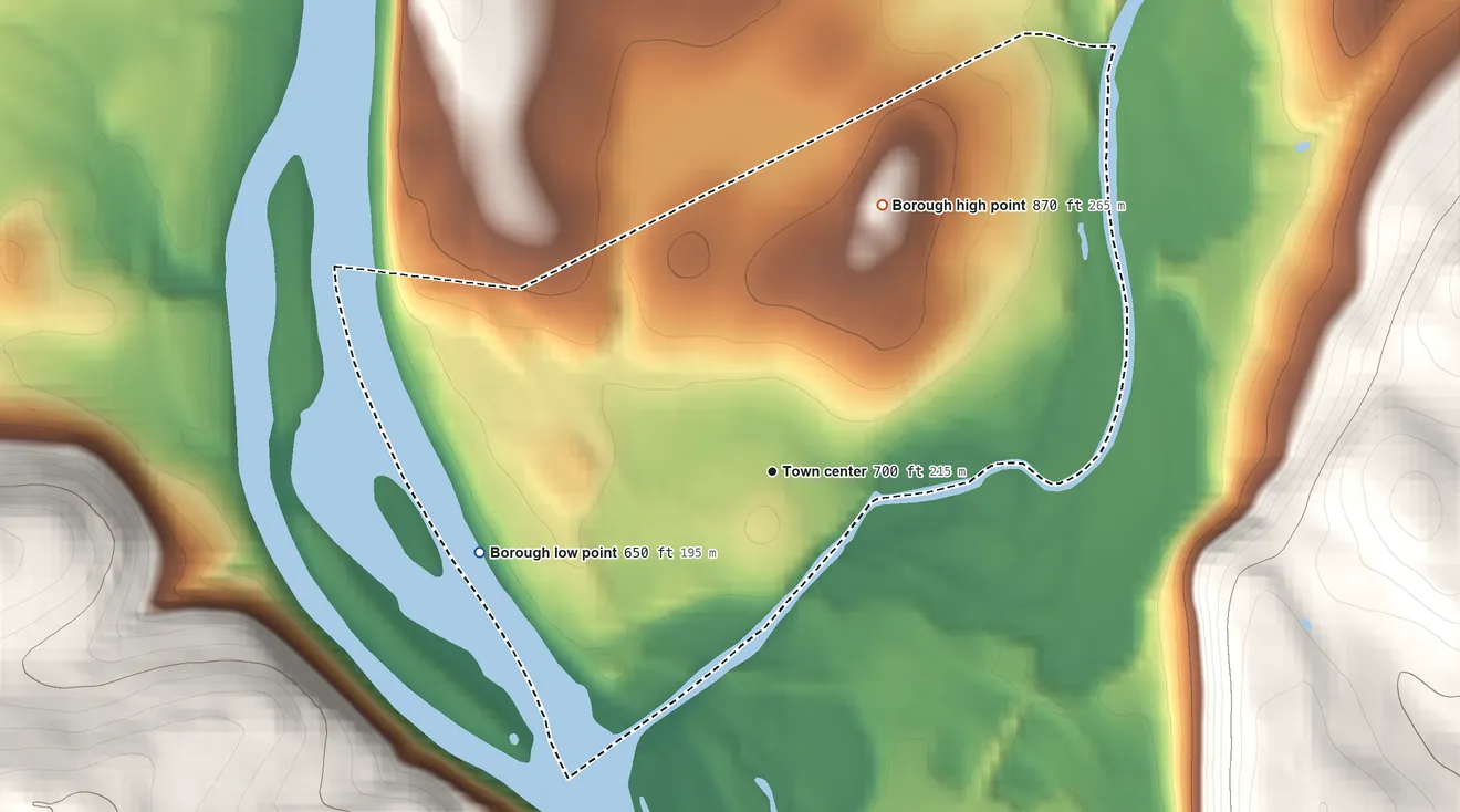 Topographic elevation map of Wyalusing, Pennsylvania, shaded from 650 ft on the west side to 870 ft at the foot of the Endless Mountains