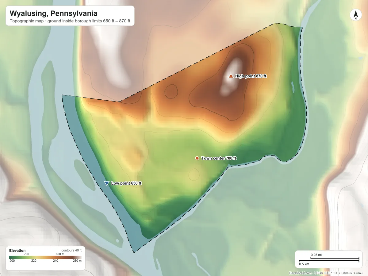 Topographic elevation map of Wyalusing, Pennsylvania, shaded from 650 ft on the west side to 870 ft at the foot of the Endless Mountains