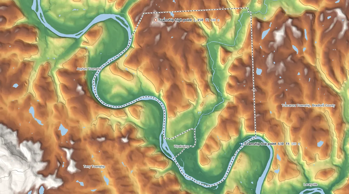 Topographic elevation map of Wyalusing Township, Pennsylvania, shaded from 630 ft on the southeast side to 1,450 ft on the northwest side
