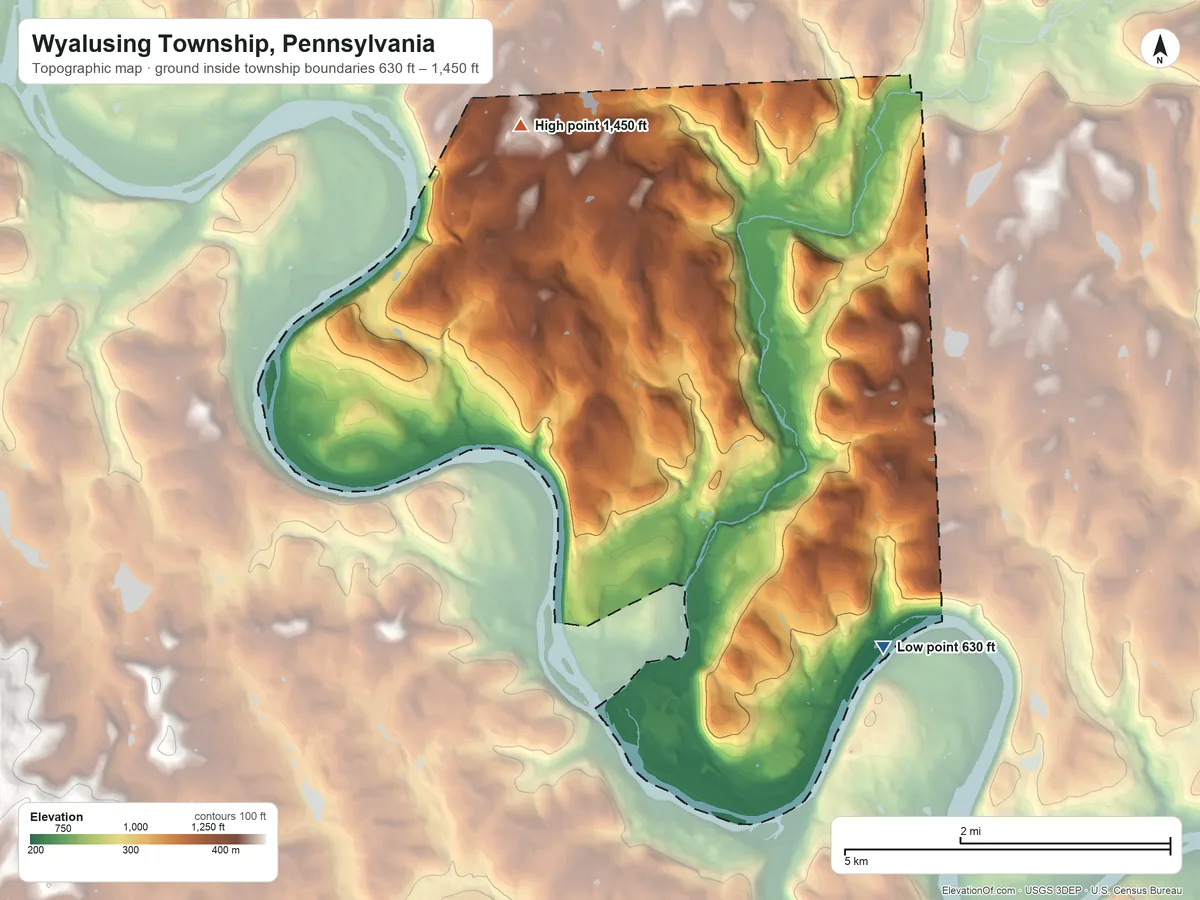 Topographic elevation map of Wyalusing Township, Pennsylvania, shaded from 630 ft on the southeast side to 1,450 ft on the northwest side