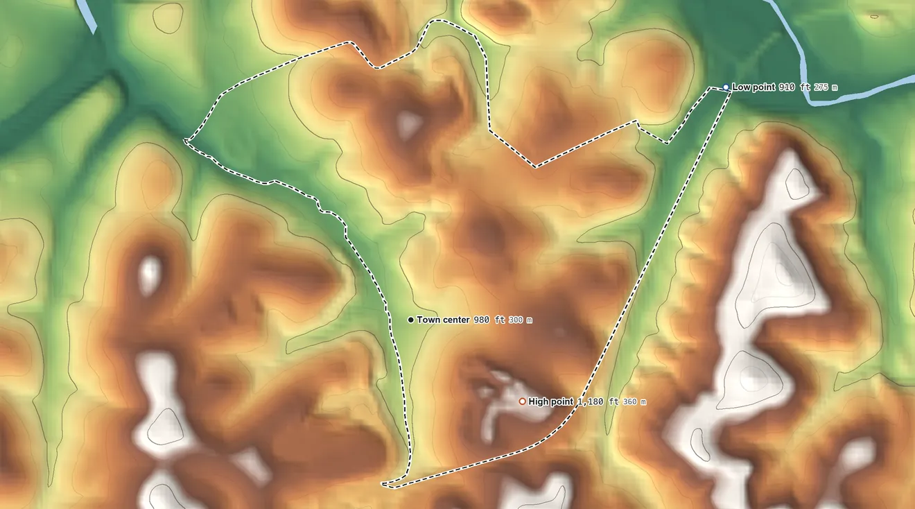 Topographic elevation map of Wyano, Pennsylvania, shaded from 910 ft on the northeast side to 1,180 ft on the southeast side