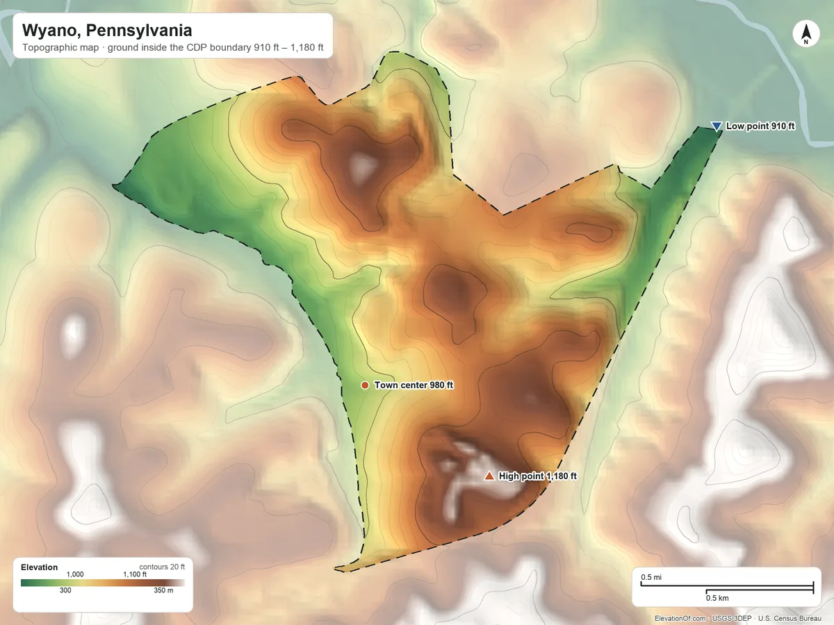 Topographic elevation map of Wyano, Pennsylvania, shaded from 910 ft on the northeast side to 1,180 ft on the southeast side