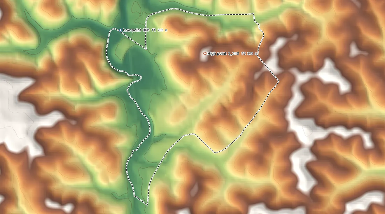 Topographic elevation map of Wylandville, Pennsylvania, shaded from 960 ft on the northwest side to 1,240 ft on the northeast side