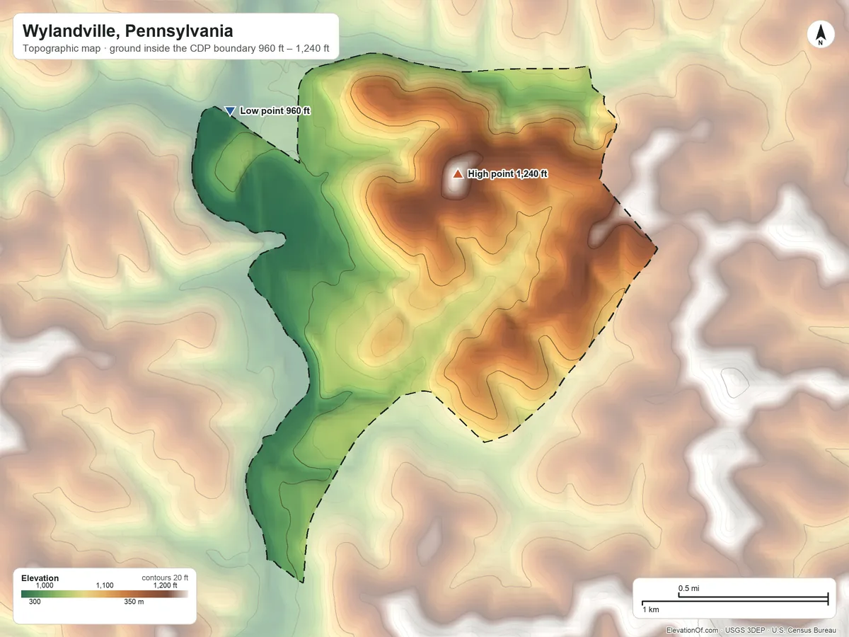 Topographic elevation map of Wylandville, Pennsylvania, shaded from 960 ft on the northwest side to 1,240 ft on the northeast side