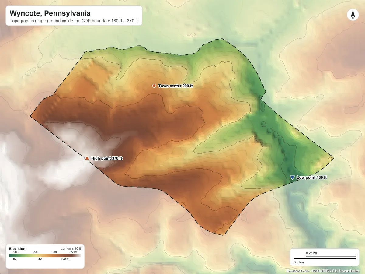 Topographic elevation map of Wyncote, Pennsylvania, shaded from 180 ft on the southeast side to 370 ft on the southwest side