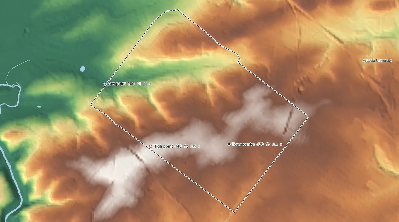Topographic elevation map of Wyndmoor, Pennsylvania, shaded from 180 ft on the northwest side to 440 ft on the west side
