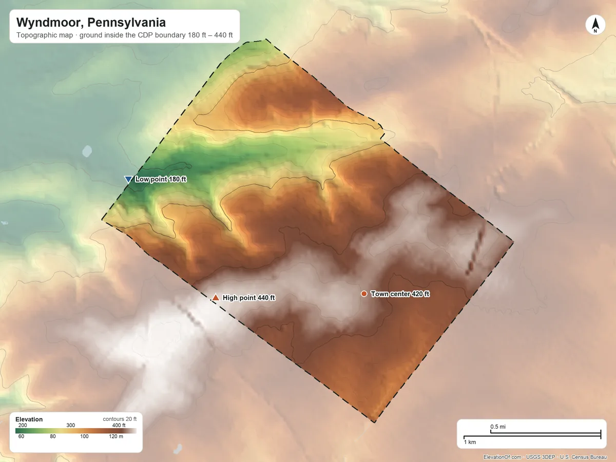 Topographic elevation map of Wyndmoor, Pennsylvania, shaded from 180 ft on the northwest side to 440 ft on the west side