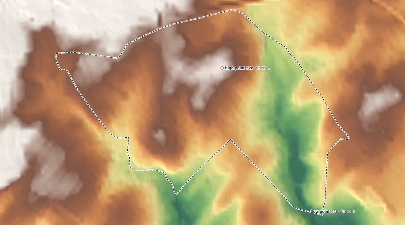 Topographic elevation map of Wynnewood, Pennsylvania, shaded from 210 ft on the southeast side to 320 ft near the middle