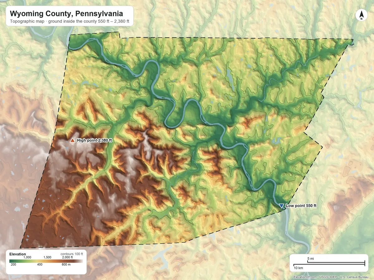 Topographic elevation map of Wyoming County, Pennsylvania, shaded from 550 ft on the southeast side to 2,380 ft on Bartlett Mountain