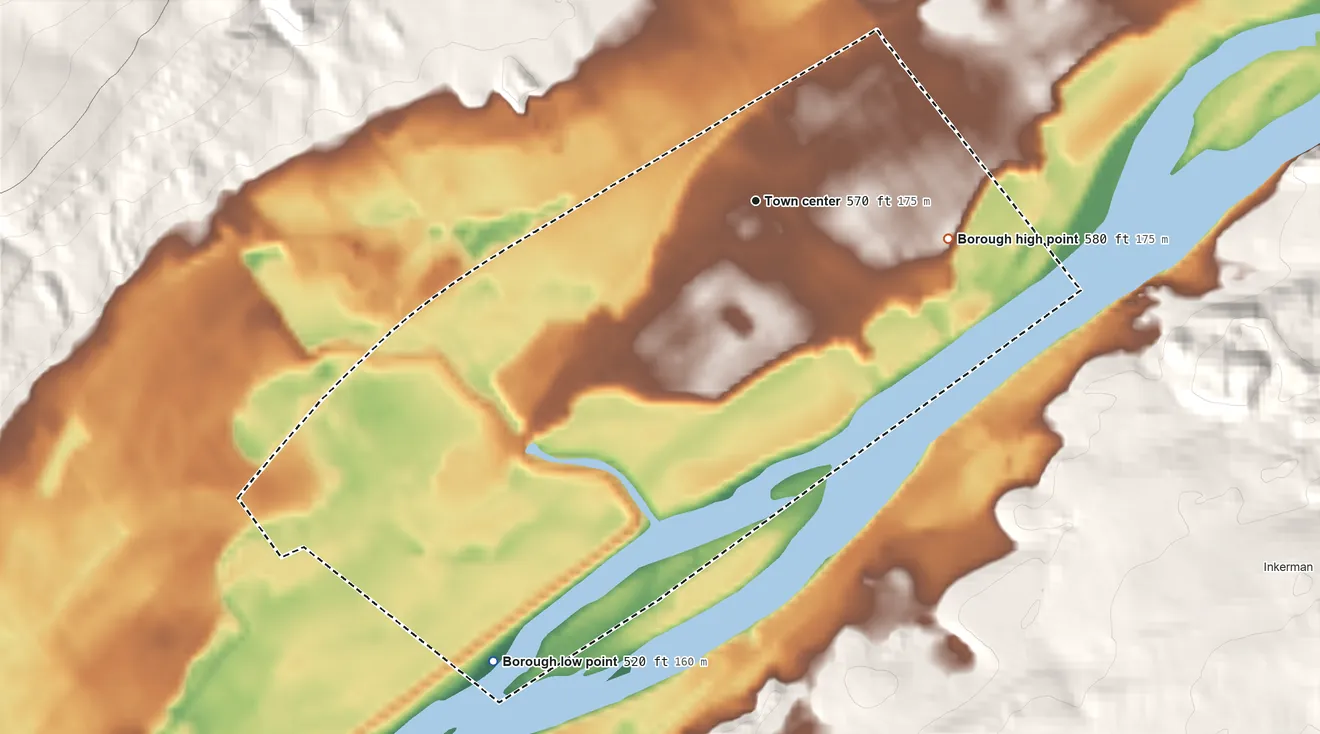 Topographic elevation map of Wyoming, Pennsylvania, shaded from 520 ft on the southwest side to 580 ft on the east edge, below higher ground just outside