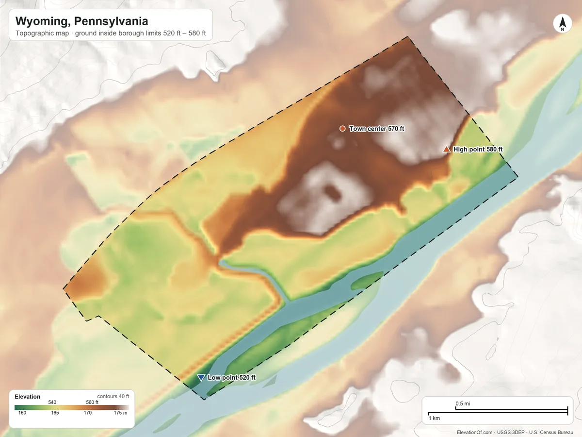Topographic elevation map of Wyoming, Pennsylvania, shaded from 520 ft on the southwest side to 580 ft on the east edge, below higher ground just outside