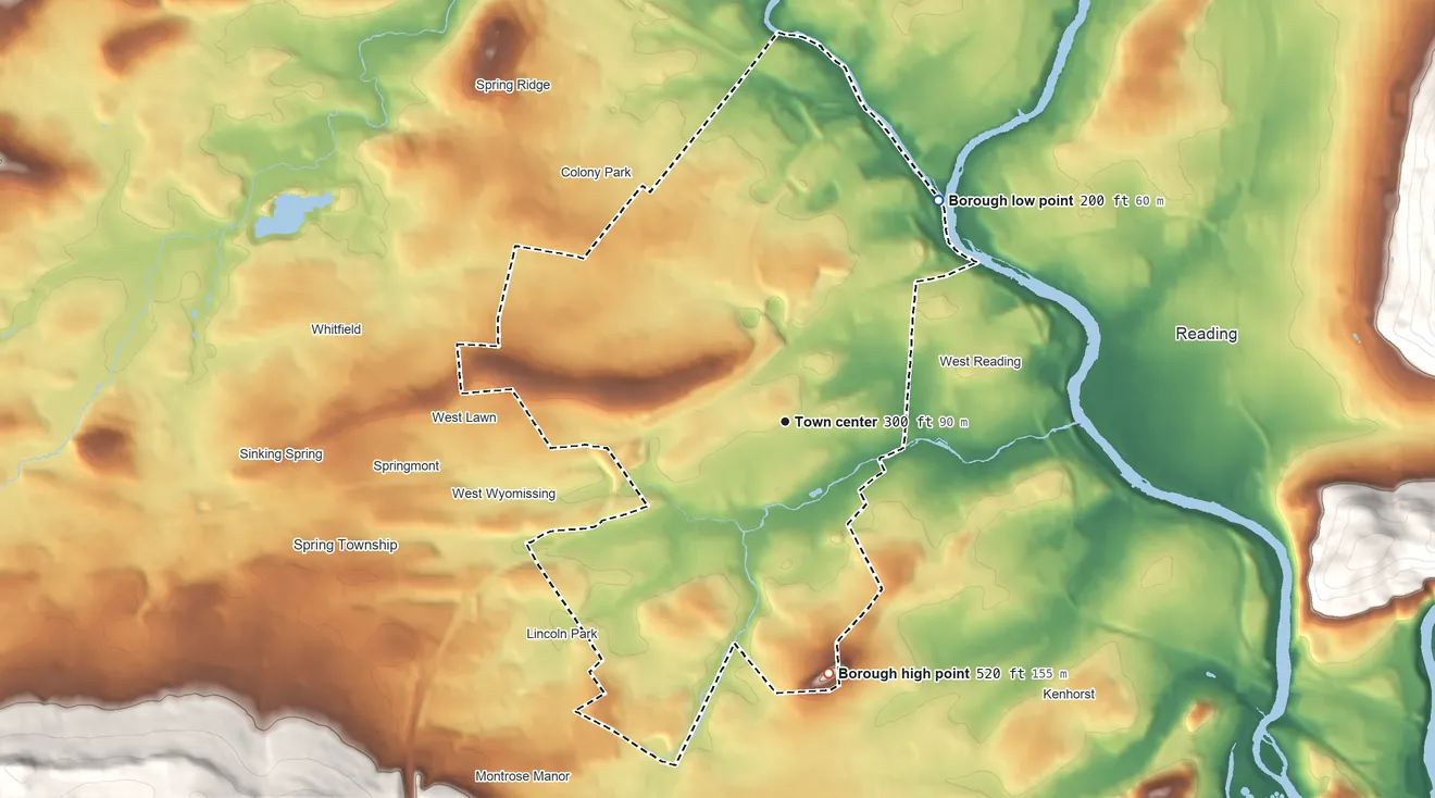 Topographic elevation map of Wyomissing, Pennsylvania, shaded from 200 ft on the northeast side to 520 ft on the south side