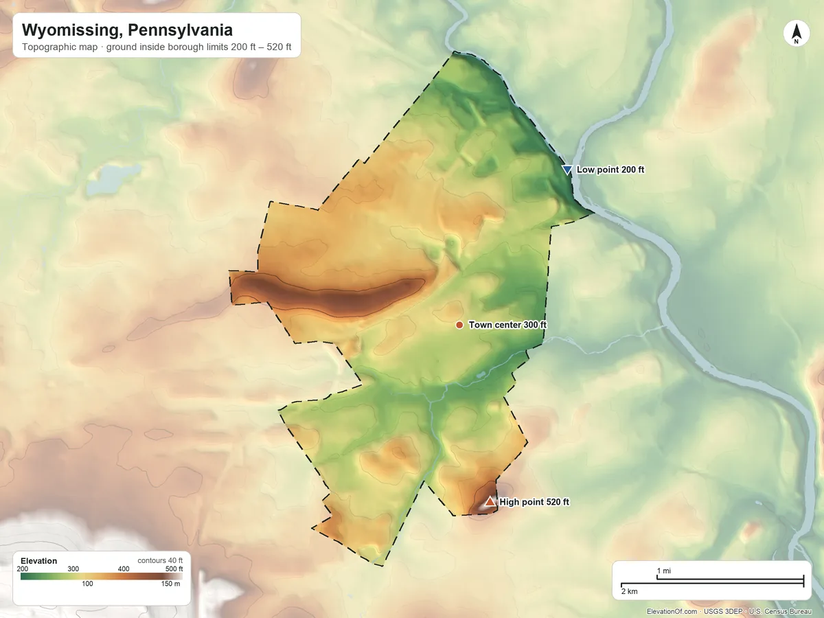 Topographic elevation map of Wyomissing, Pennsylvania, shaded from 200 ft on the northeast side to 520 ft on the south side
