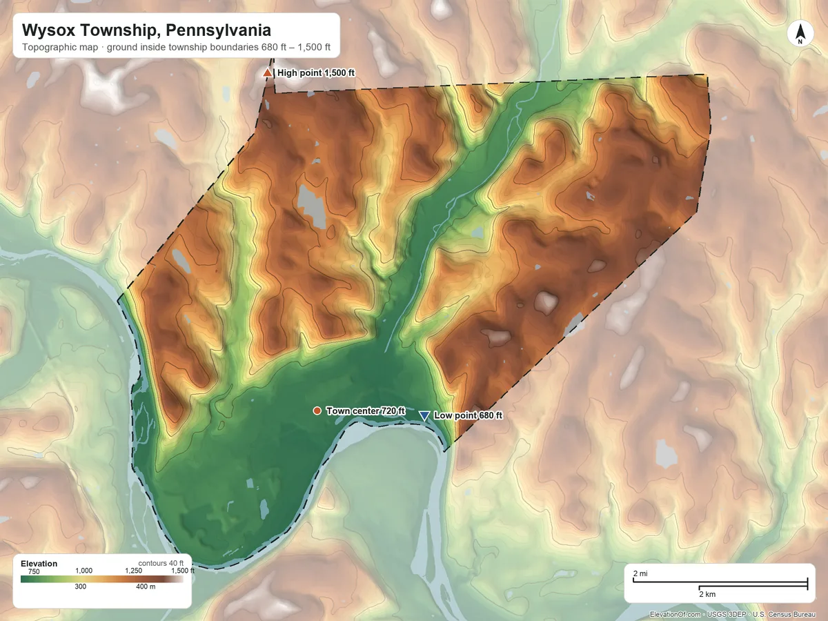 Topographic elevation map of Wysox Township, Pennsylvania, shaded from 680 ft on the east side to 1,500 ft on the north side