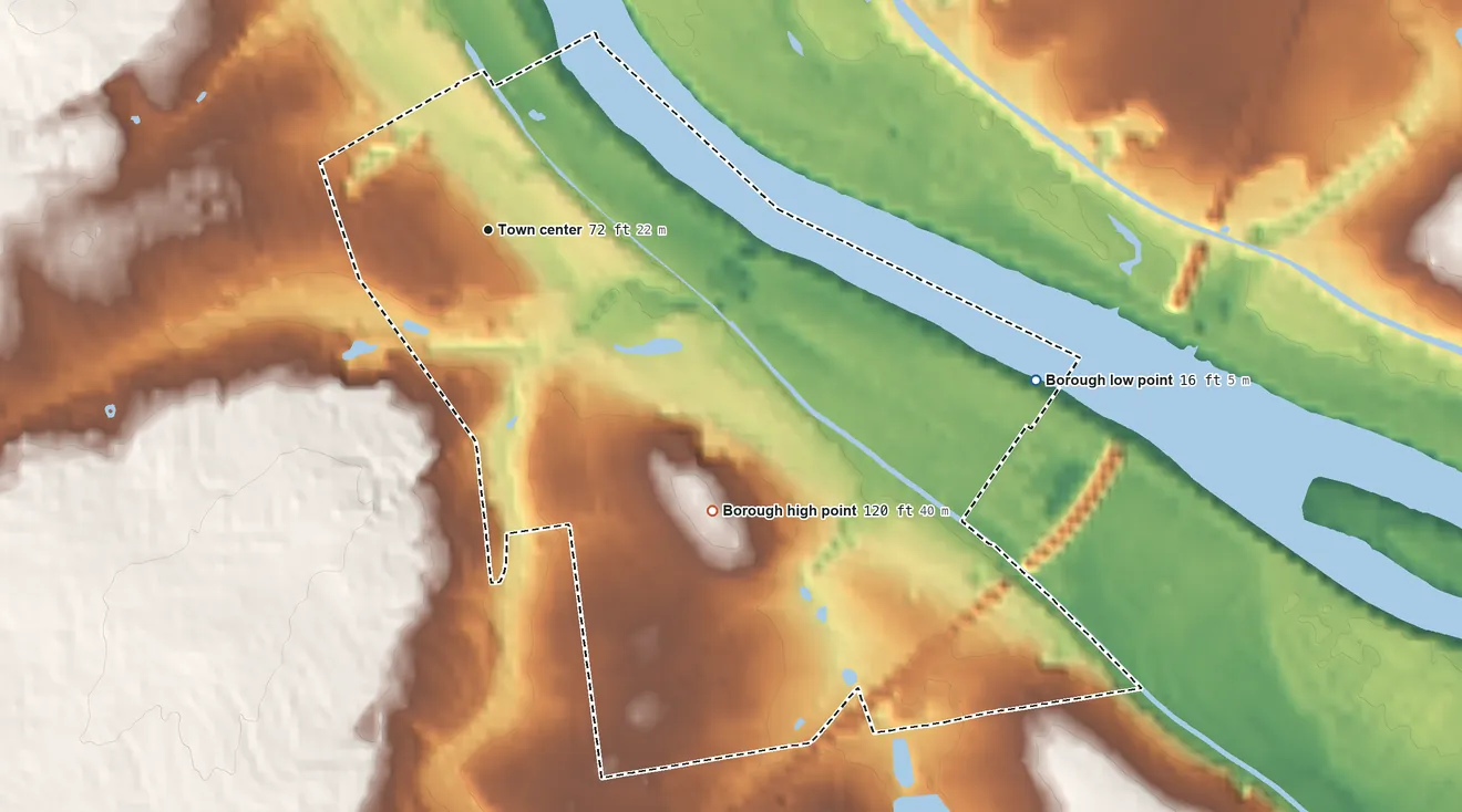 Topographic elevation map of Yardley, Pennsylvania, shaded from 16 ft on the east side to 120 ft on the southeast side