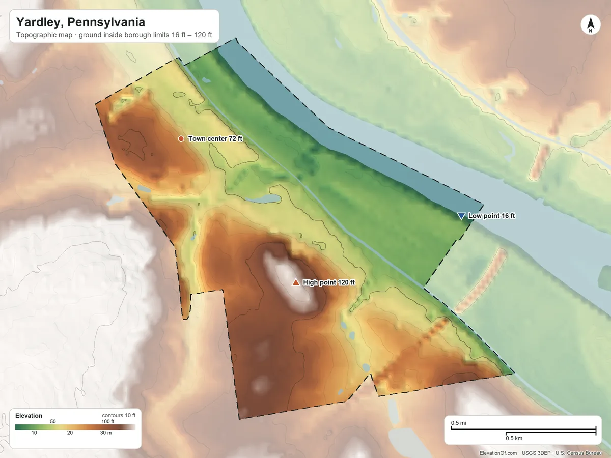 Topographic elevation map of Yardley, Pennsylvania, shaded from 16 ft on the east side to 120 ft on the southeast side