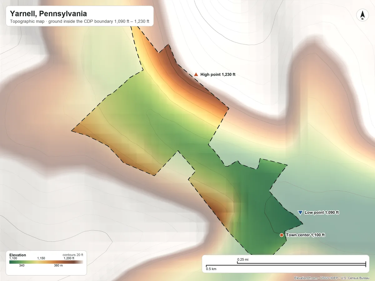 Topographic elevation map of Yarnell, Pennsylvania, shaded from 1,090 ft near the middle to 1,230 ft on the northwest edge, below higher ground just outside