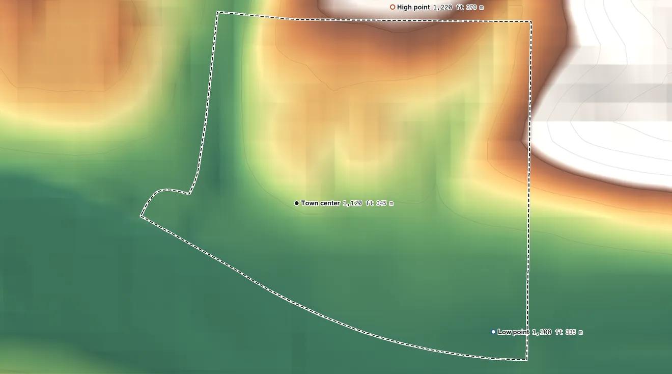 Topographic elevation map of Yatesboro, Pennsylvania, shaded from 1,100 ft on the southeast side to 1,220 ft on the northeast side