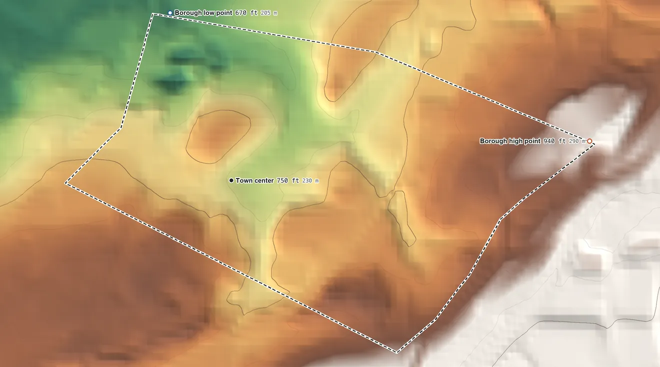 Topographic elevation map of Yatesville, Pennsylvania, shaded from 670 ft on the north side to 940 ft on the east edge, below higher ground just outside
